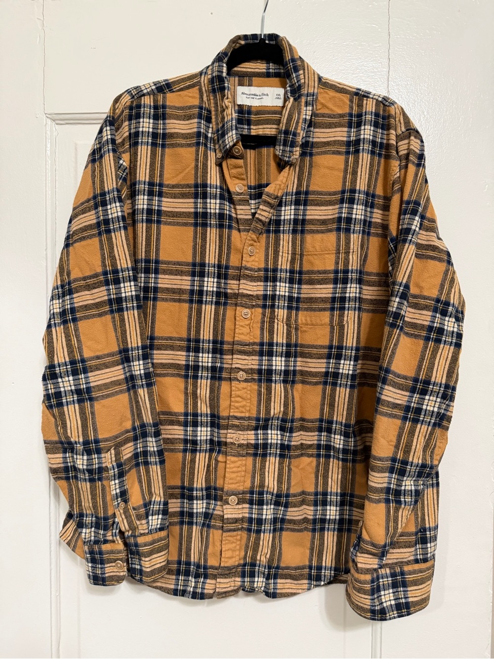 Abercrombie & Fitch Mustard Yellow and Navy Plaid Flannel Shirt - XXL